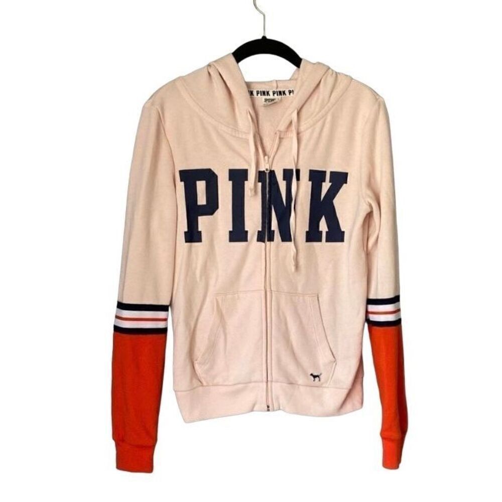 Pink Victoria’s Secret full zip striped long sleeve hoodie, size/XS